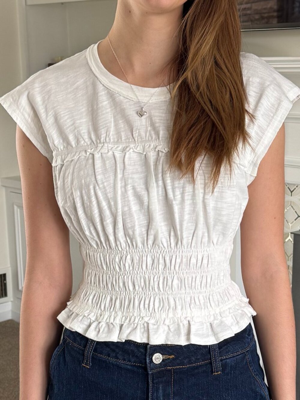 White Cotton TShirt with Elastic Waist & Detail - Picture 10 of 13